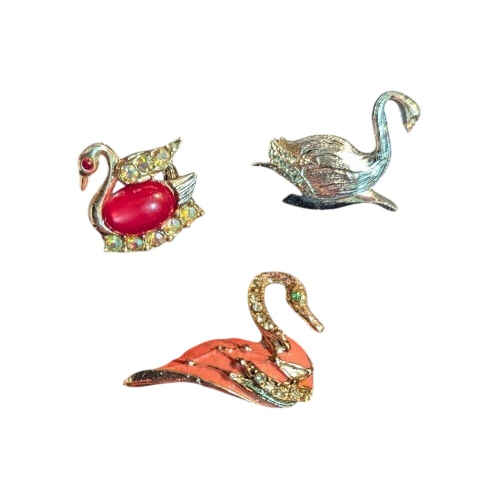 Vintage Swan Brooch Pin Set Red Rhinestone Silver Tone Peach Enamel 3pc Lot